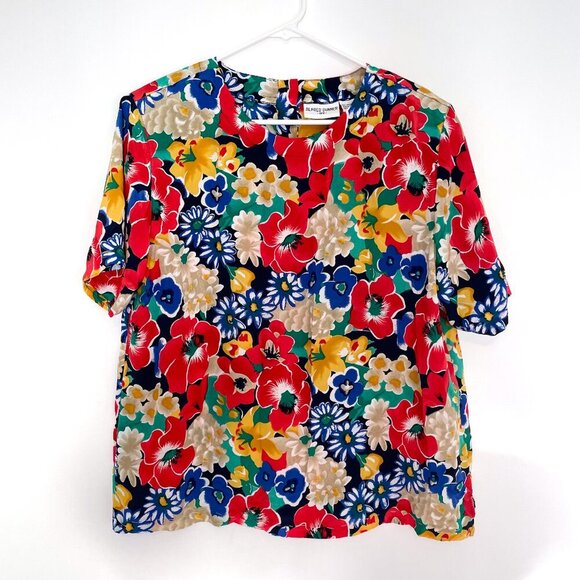 VINTAGE VTG ALFRED DUNNER Plus Size Red Blue Multi Floral Short Sleeve Blouse - Picture 1 of 16
